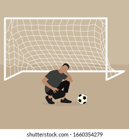 Male character with a football ball on the background of a football goal