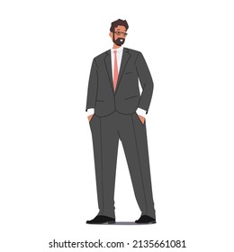Male Character in Formal Suit, Business Man Wear Grey Blazer and Trousers Isolated on White Background. Single Mature Fashioned Bearded Person in Modern Clothes. Cartoon People Vector Illustration