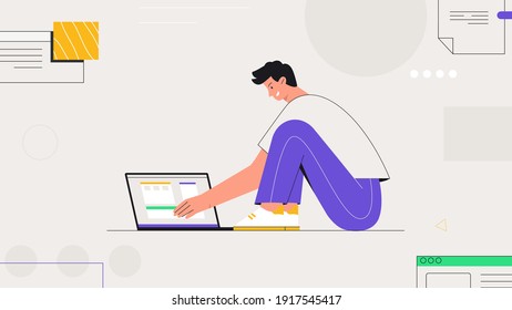 Male character freelancer sitting and works with a laptop, against the background of abstract objects and shapes. Flat style vextor illustration in a trendy style.