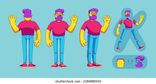 Caracter masculino frente a frente, detrás, lado a lado vista conjunto de caricaturas contemporáneas. Ilustración vectorial de un hombre gracioso con barba en anteojos saludando mano. Conjunto de elementos corporales y detalles faciales para la animación aislada