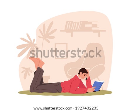 Male Character Gaining Knowledge, Education or Reading Hobby Concept. Man Lying on Floor Read Book at Home. College or University Student Prepare to Exam, Back to School. Cartoon Vector Illustration