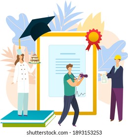 Male character get engineering degree, male photographer take photo student flat vector illustration, isolated on white. Concept web banner higher education institution, advanced training.