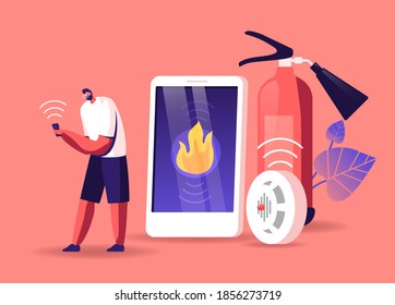 Male Character Get Notification From Smart Control System At Electronic Device Smartphone About Fire Accident Happen At Home In Owner Absence, Call To Emergency Service. Cartoon Vector Illustration