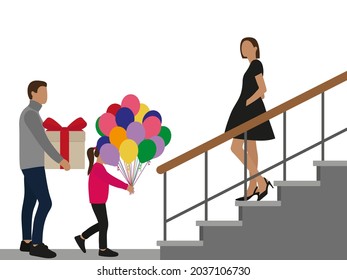 Male character with gift box and little girl with balloons walking towards female character standing on the stairs