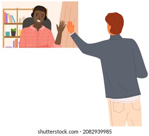 Male character gives five to his african friend. Men greeting each other from distance. Happy friends during greeting isolated on white background. Guy waves his hand to person in rectangular frame