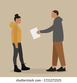 Male character gives a sheet of paper to a female character