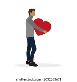 Male character giving big red heart on white background