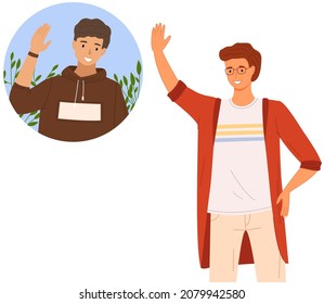 Male character giving five to his best friend. Men greeting each other from distance. Happy friends during greeting isolated on white background. Guy waves his hand to person in roung frame