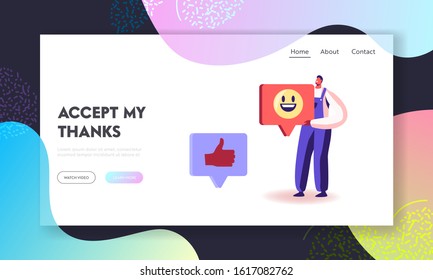 Male Character Giving Thanks in Internet Networks Website Landing Page. Cheerful Thankful Man Wearing Working Robe Holding Huge Smile Sign in Hands Web Page Banner. Cartoon Flat Vector Illustration