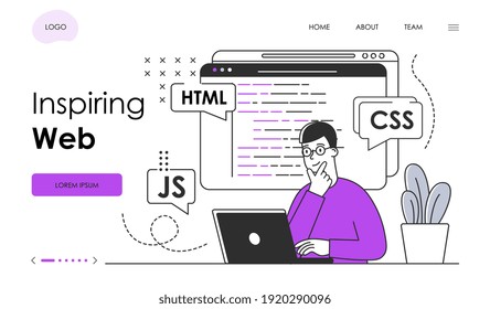 Male character in glasses is web programming. Man is programming website on laptop. Website, web page, landing page template. Flat outline cartoon vector illustration