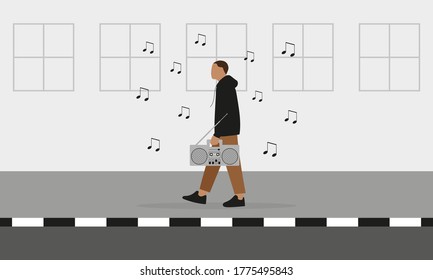 A male character goes along the sidewalk with a tape recorder in his hand