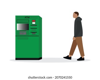 Male character goes to the ATM on a white background