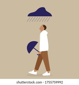 
Male character goes in the rain with an umbrella in his hand