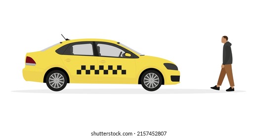 Male character goes to a taxi on a white background