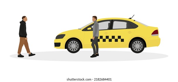 Male character goes to a taxi on a white background