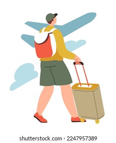 Carácter masculino yendo de viaje, viajando hombre con equipaje y mochila. Persona con equipaje de vacaciones o fines de semana, descansando en el extranjero. Viaje o exploración de lugares y lugares de interés del mundo. Vector de estilo plano