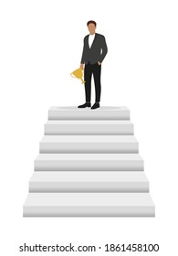 A male character with a golden cup in his hand is standing on the top of the stairs