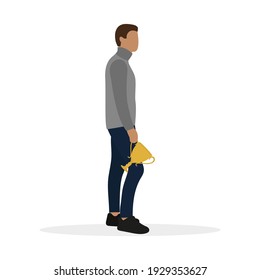 Male character with a golden cup in his hand stands on a white background