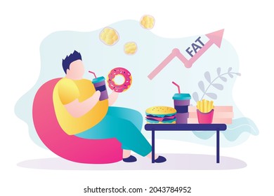 Male character gradually grows fat. Obesity problem. Table with different fast food. Fat guy sits and eats donut with soda. Unhealthy and lazy lifestyle. Man with overweight. Flat vector illustration