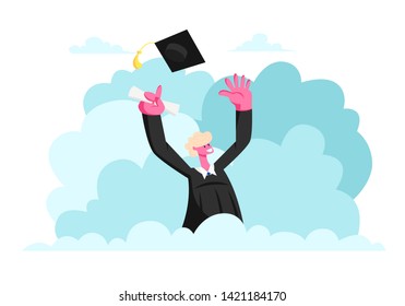 Male Character in Graduation Gown Holding Diploma Certificate in Hand Throw Up Academical Cap, University Graduation, Celebrating Man Alumnus Laughing and Jumping Cartoon Flat Vector Illustration