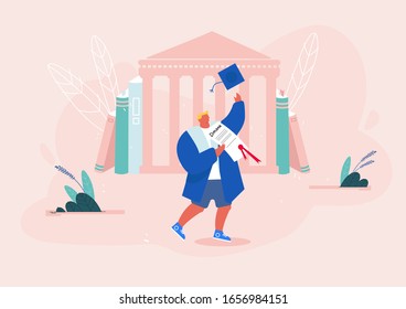 Male Character in Graduation Gown Holding Diploma Certificate in Hand Throw Up Academical Cap, University Graduation, Celebrating Man Alumnus Laughing and Jumping Cartoon Flat Vector Illustration