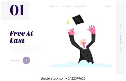 Male Character in Graduation Gown Throw Academic Cap, Cheering Up to Get Diploma Certificate and Finish University Education Website Landing Page, Web Page. Cartoon Flat Vector Illustration, Banner
