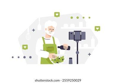 Male character in green apron preparing fresh salad pouring oil from glass bottle. Illustration of elderly bearded chef recording cooking process on camera. Man preparing food in home environment.