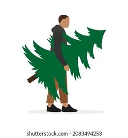 Male character with green fir tree in hand stands on white background