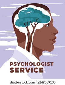 Male character with growing green trees in brain. Metaphor of psychological and therapeutic service. Vector flat illustration