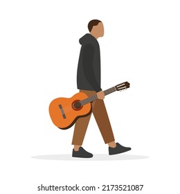 A male character with a guitar in his hand goes on a white background