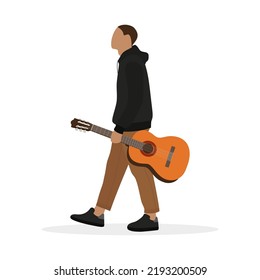 A male character with a guitar in his hand goes on a white background