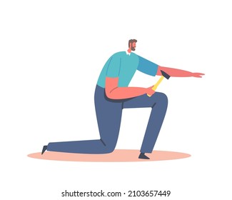 Male Character with Hammer in Hand. Man Holding Tool Fixing Broken Furniture, Building, Repair Home. Call Master Carpentry Work, Husband for an Hour Service, Father. Cartoon People Vector Illustration