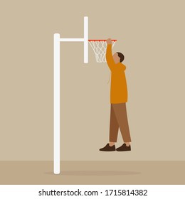 Male character hanging in the air holding on to a basketball hoop