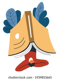 Male character hanging from book, man reading literature publication enjoying process. Hobby of bookworm. Notebook with plants and decorative foliage and amused reader. Vector in flat style
