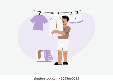 Male Character Hanging Freshly Washed Laundry for Drying Routine