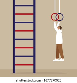 Male character hanging on gymnastic rings near the stairs