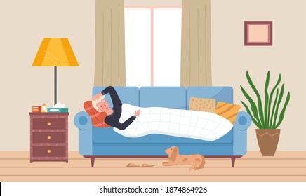 Male character having cold and lying in bed. Dog owner is sick at home vector illustration. The puppy lies next to the sofa and looks at the sad guy. Man being treated for flu with pills in apartment