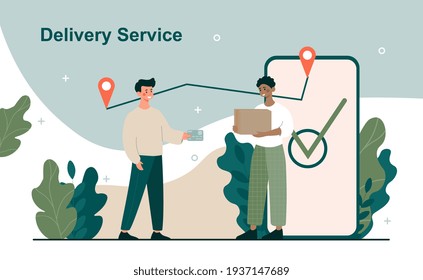 Male character is having his parcel delivered by delivery service. Concept of delivery service application on smartphone. App with delivery man location on screen. Flat cartoon vector illustration