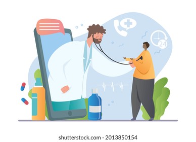 Male character is having a medical check up from doctor in mobile application. Concept of online medical consultation or checkup in mobile app. Flat cartoon vector illustration