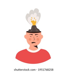 Male character head in fire vector flat illustration. Man or woman feeling stress at work, anger. Concept of emotional expression of burnout or annoyance. Mental illness. Psychological symptom.