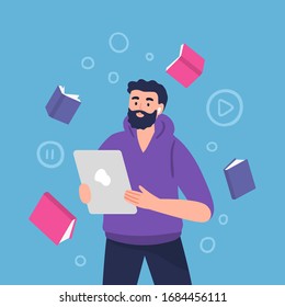 Male character with headphones. Vector illustration of a man listens to music, audiobook, podcast or language lessons.
