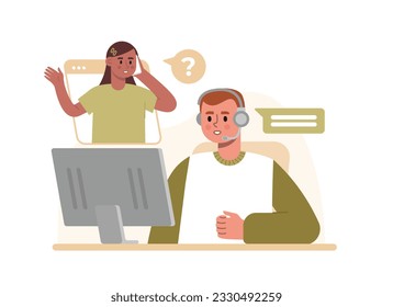 Carácter masculino con llamadas de respuesta de auriculares, comunicarse en mensajero, recopilar reseñas y calificaciones. Cliente llamando al centro de soporte y hablando con el trabajador. Ilustración vectorial plana