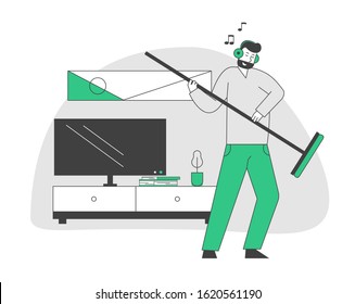 Male Character in Headset Listening Music and Dancing with Broom as it is Electric Guitar while Cleaning Home Living Room. Domestic Work, Man Sweeping Floor. Cartoon Flat Vector Illustration, Line Art