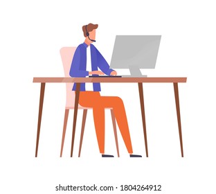 Male character in headset sitting at table with computer vector flat illustration. Guy worker of call center, hotline or customer support isolated. Man specialist or operator of helpline service