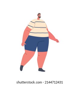 Male Character Healthy Life. Corpulent Fat Man Wear Sports Suit Walking Isolated on White Background. Fatty Overweight Man Weight Loss, Dieting, Transformation. Cartoon People Vector Illustration