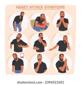 Male Character With Heart Attack Symptoms. Dyspnea, Panic Attack, Chest Pain Or Excessive Sweating. Dizziness, Weakness, Pallor Of Skin, Back, Or Back. Discomfort In The Arms, Back, Shoulder, Vector