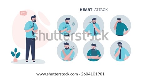 Male character with heart attack symptoms. Dyspnea, panic attack, chest pain, excessive sweating. Infographic banner of heart attack symptoms and risk factors. Dizziness, weakness. vector illustration