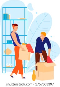 Male character help friend to house moving, man carry box personal stuff isolated on white, cartoon vector illustration. Assistance relocate personal belongings, together move carton.