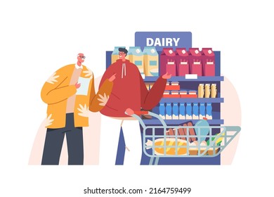 Male Character Helping And Support Aged Pensioner To Buy Grocery Products In Store. Kind Selfless Volunteer Help Senior Gentleman With Shopping List In Supermarket. Cartoon Vector Illustration