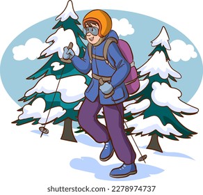 Male character is hiking alone in winter. Man warm clothes is hiking outdoors with mountains at the background. Cheerful man is climbing up the mountain. Flat cartoon vector illustration